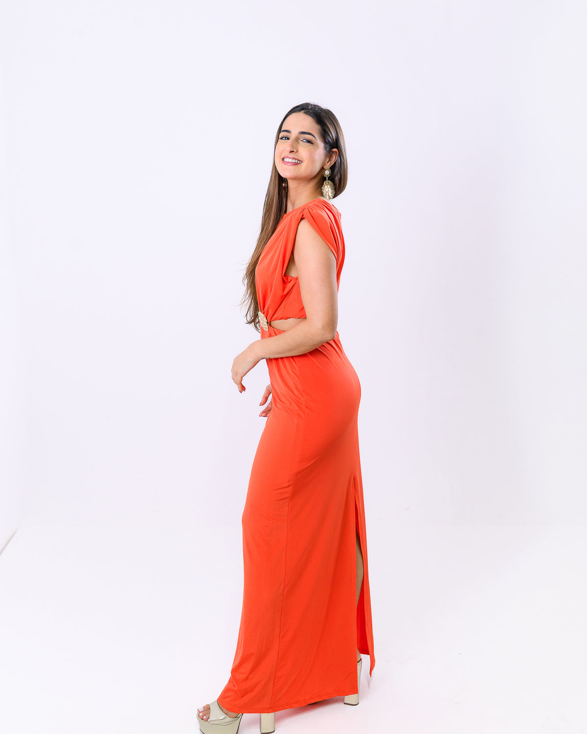 Vestido Longo com Ombreira Lila